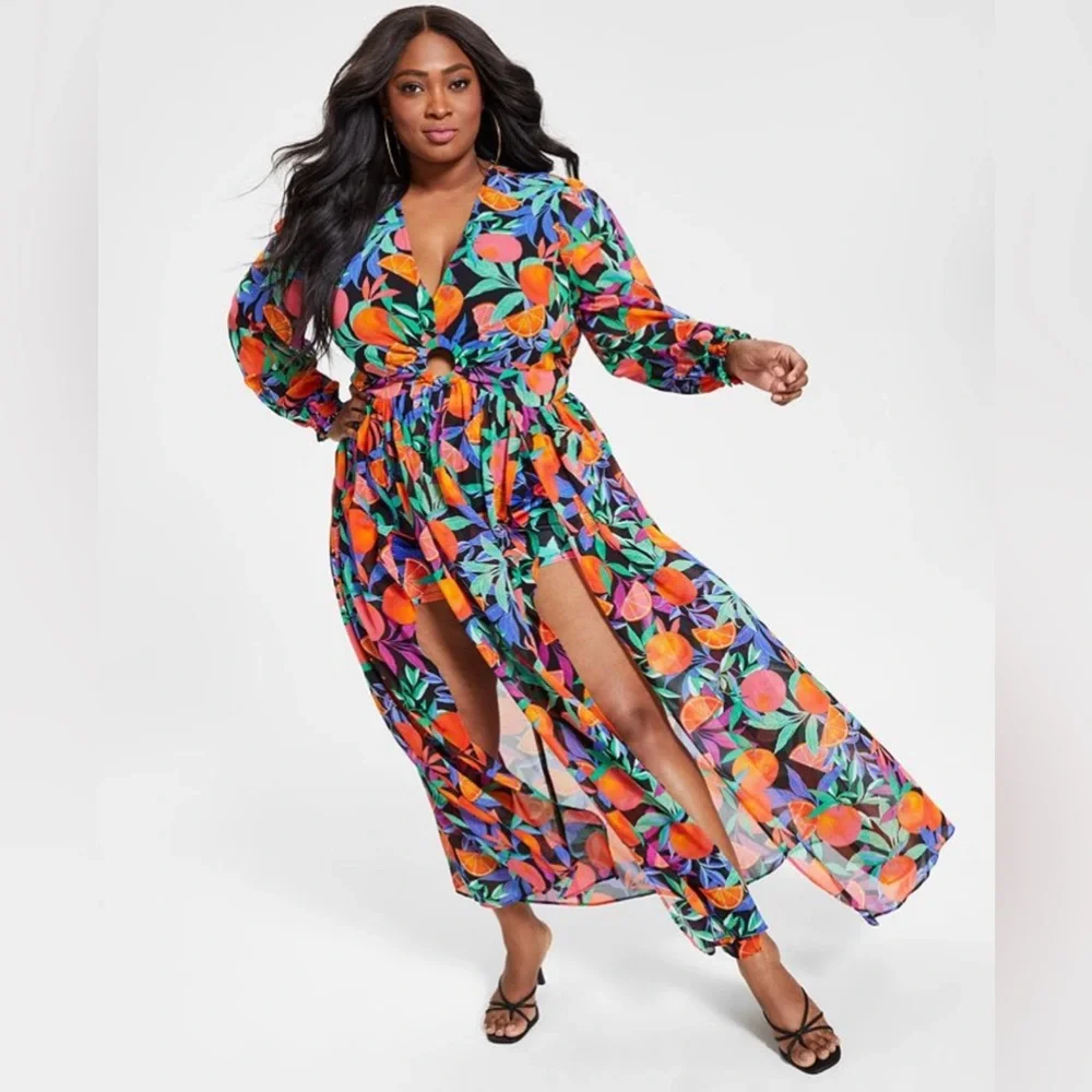 Nina Parker fruit print maxi dress 1X citrus orange high slits resort vacation - Picture 3 of 11